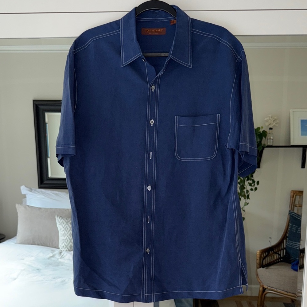 Tori Richard Blue Silk & Linen Short Sleeve Button Down Shirt
